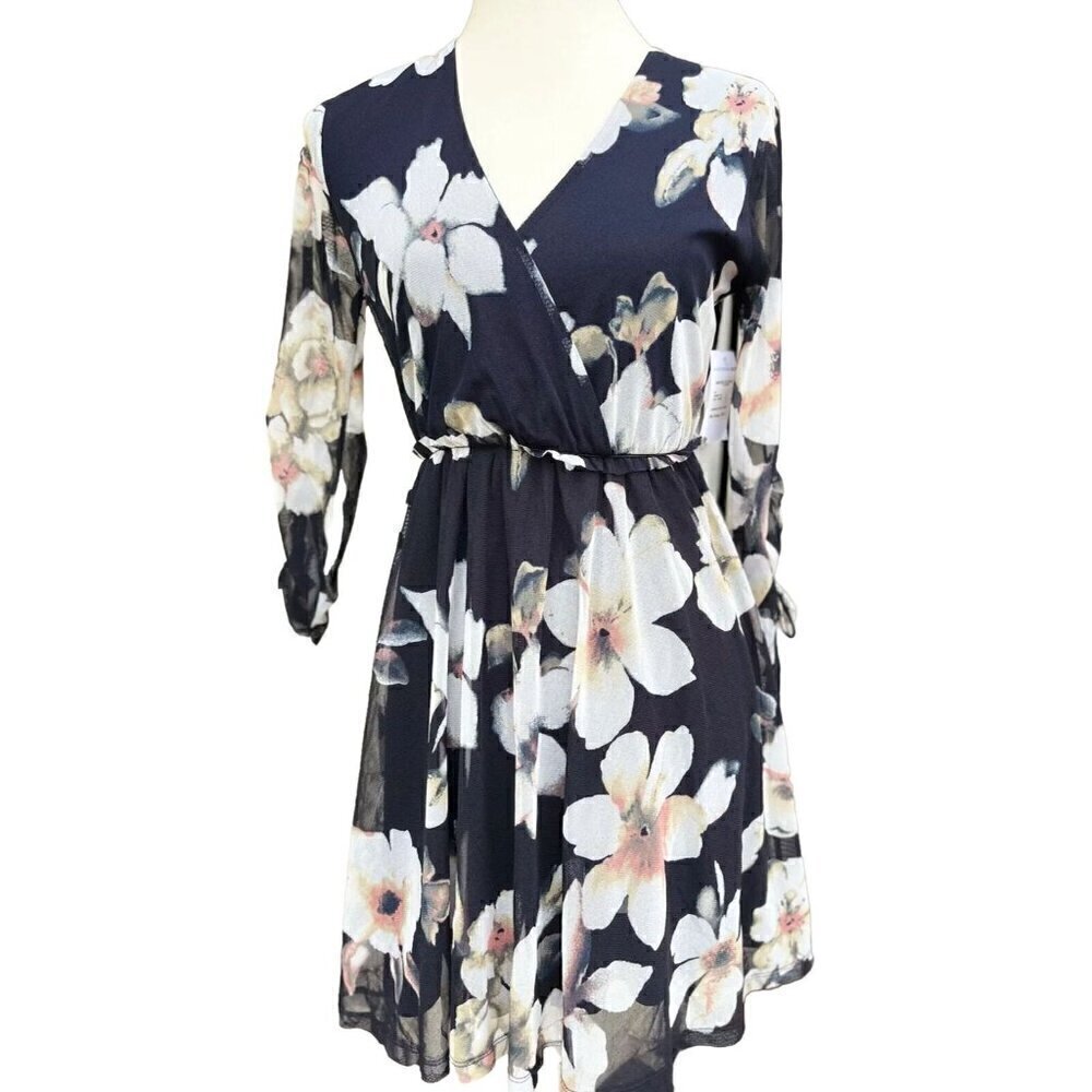 Lush Womens Navy Cream Floral Mesh Surplice Mini Dress Size S